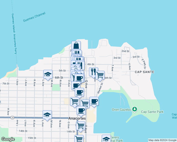 map of restaurants, bars, coffee shops, grocery stores, and more near 5th Street in Anacortes