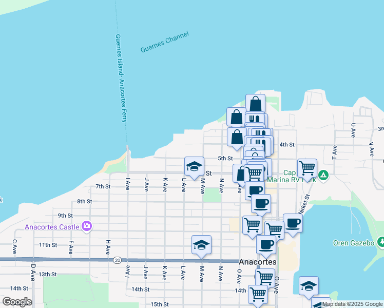 map of restaurants, bars, coffee shops, grocery stores, and more near 407 M Avenue in Anacortes