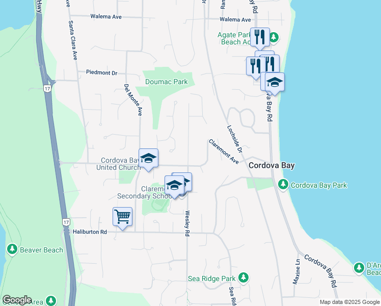 map of restaurants, bars, coffee shops, grocery stores, and more near 5029 Wesley Road in Victoria