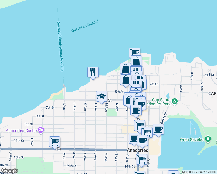 map of restaurants, bars, coffee shops, grocery stores, and more near 407 M Avenue in Anacortes