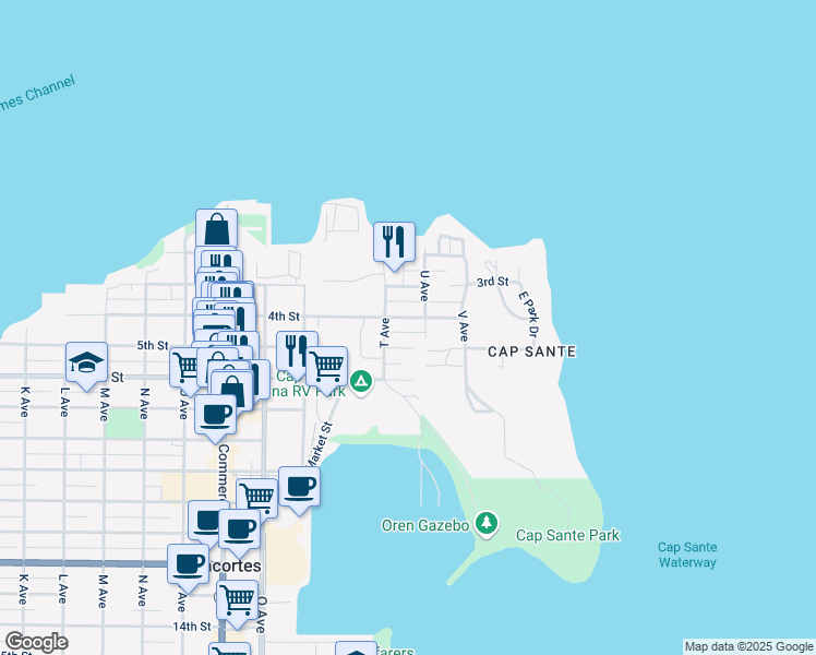 map of restaurants, bars, coffee shops, grocery stores, and more near 511 4th Street in Anacortes