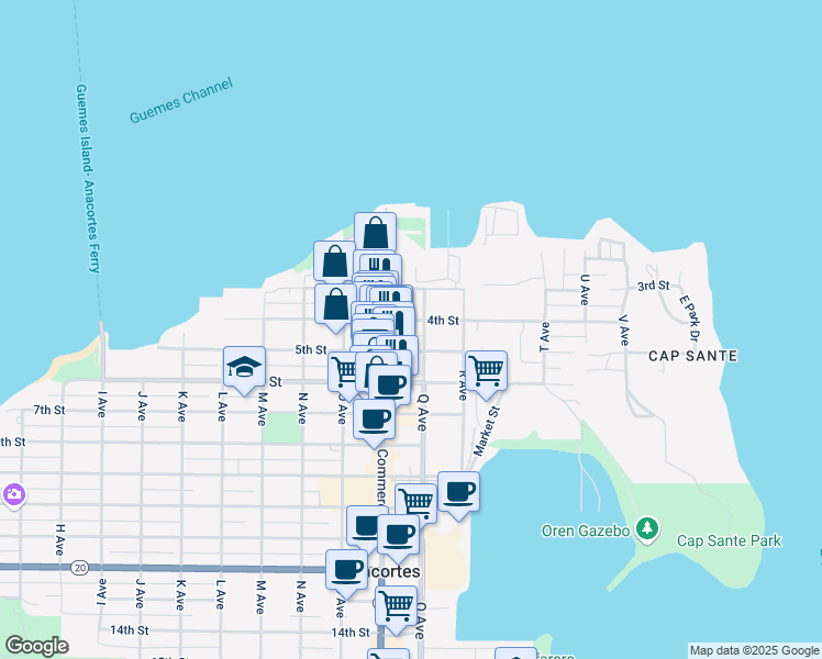 map of restaurants, bars, coffee shops, grocery stores, and more near 905 4th Street in Anacortes