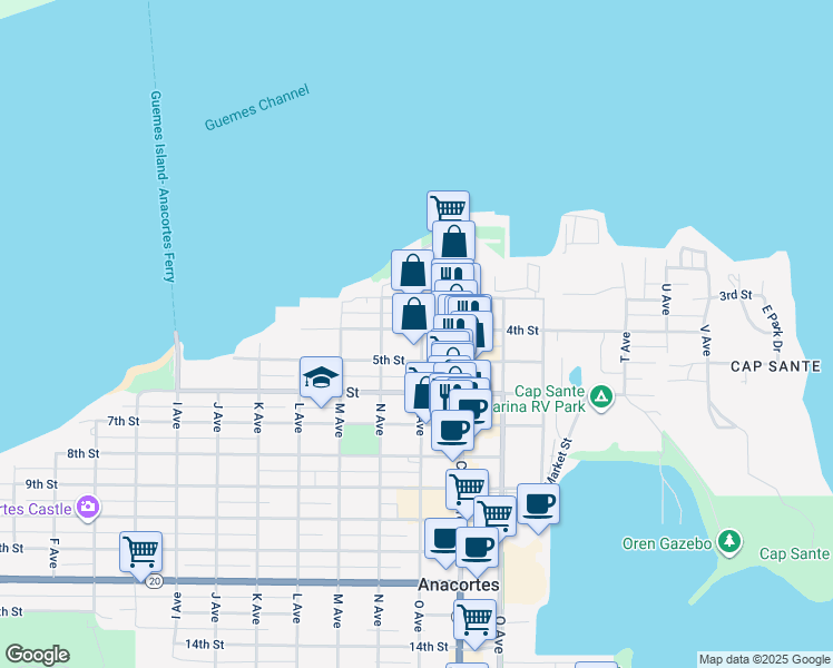 map of restaurants, bars, coffee shops, grocery stores, and more near 1107 4th Street in Anacortes