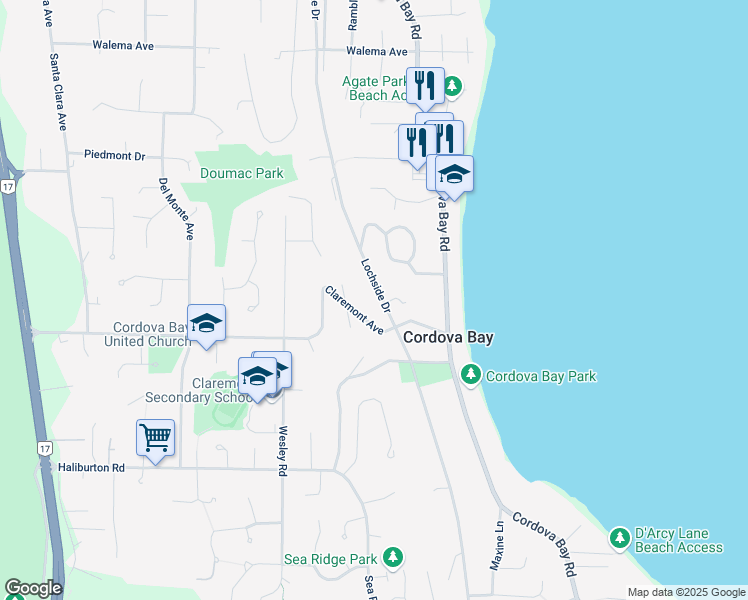 map of restaurants, bars, coffee shops, grocery stores, and more near 5050 Lochside Drive in Victoria