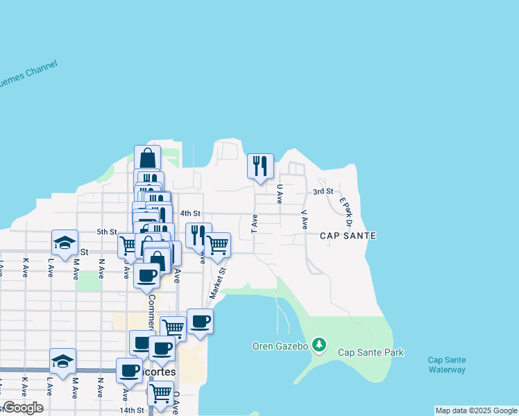 map of restaurants, bars, coffee shops, grocery stores, and more near 511 4th Street in Anacortes