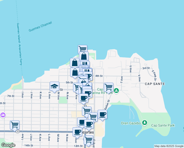 map of restaurants, bars, coffee shops, grocery stores, and more near 905 4th Street in Anacortes