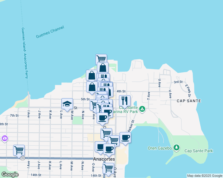 map of restaurants, bars, coffee shops, grocery stores, and more near 905 4th Street in Anacortes