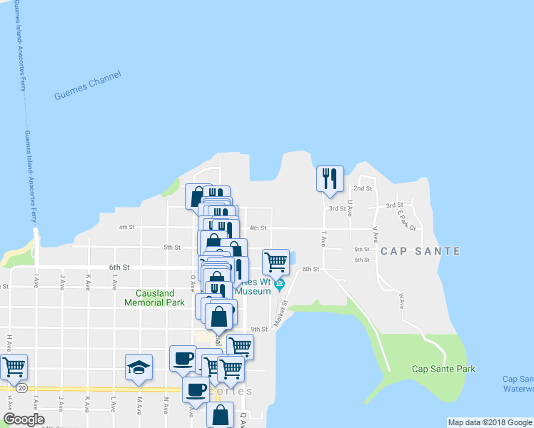 map of restaurants, bars, coffee shops, grocery stores, and more near 801 3rd Street in Anacortes