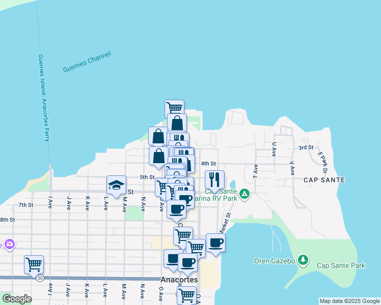 map of restaurants, bars, coffee shops, grocery stores, and more near 905 4th Street in Anacortes