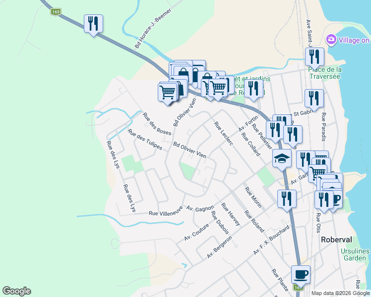 map of restaurants, bars, coffee shops, grocery stores, and more near Rue des Lilas in Roberval