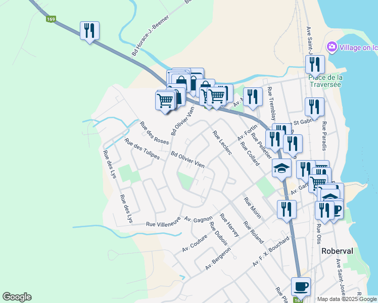 map of restaurants, bars, coffee shops, grocery stores, and more near 468 Rue des Lilas in Roberval