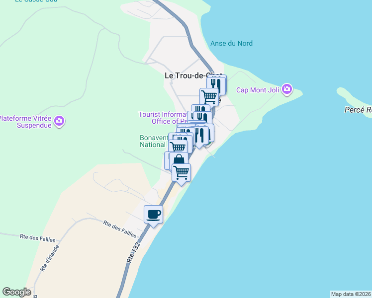 map of restaurants, bars, coffee shops, grocery stores, and more near Québec 132 in Percé