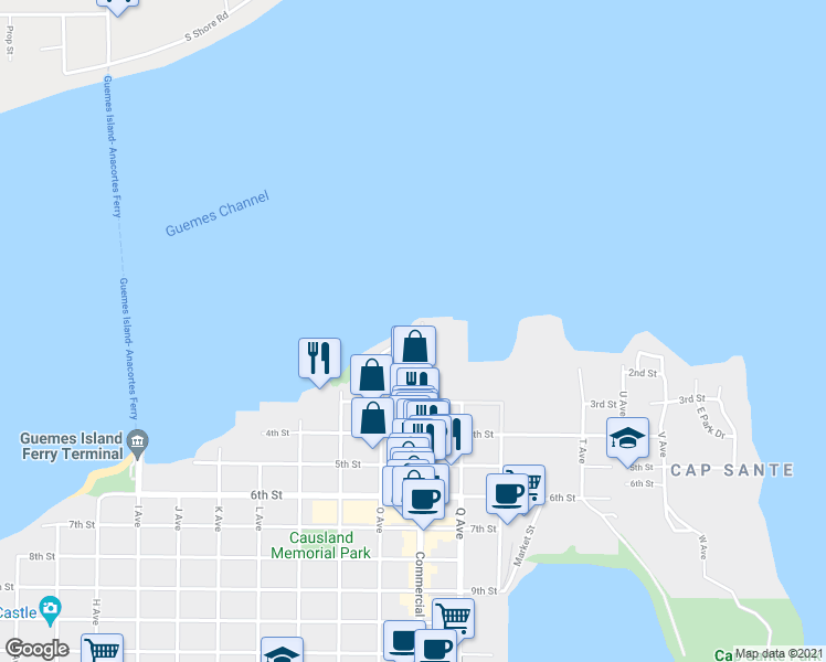 map of restaurants, bars, coffee shops, grocery stores, and more near 100 Commercial Avenue in Anacortes