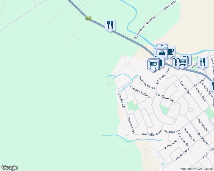 map of restaurants, bars, coffee shops, grocery stores, and more near 248 Rue des Marguerites in Roberval