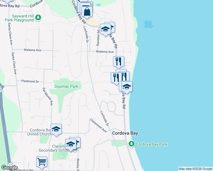 map of restaurants, bars, coffee shops, grocery stores, and more near 955 Doumac Avenue in Victoria