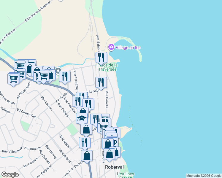 map of restaurants, bars, coffee shops, grocery stores, and more near 1047 Boulevard Saint-Joseph in Roberval