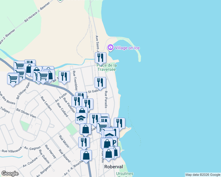 map of restaurants, bars, coffee shops, grocery stores, and more near 1047 Boulevard Saint-Joseph in Roberval