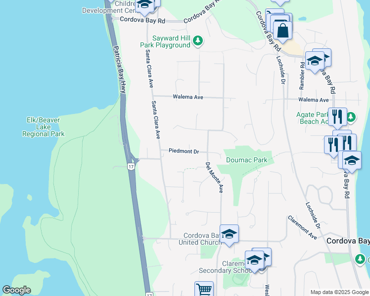 map of restaurants, bars, coffee shops, grocery stores, and more near 764 Piedmont Drive in Victoria