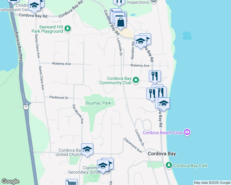 map of restaurants, bars, coffee shops, grocery stores, and more near 5157 Beckton Road in Victoria