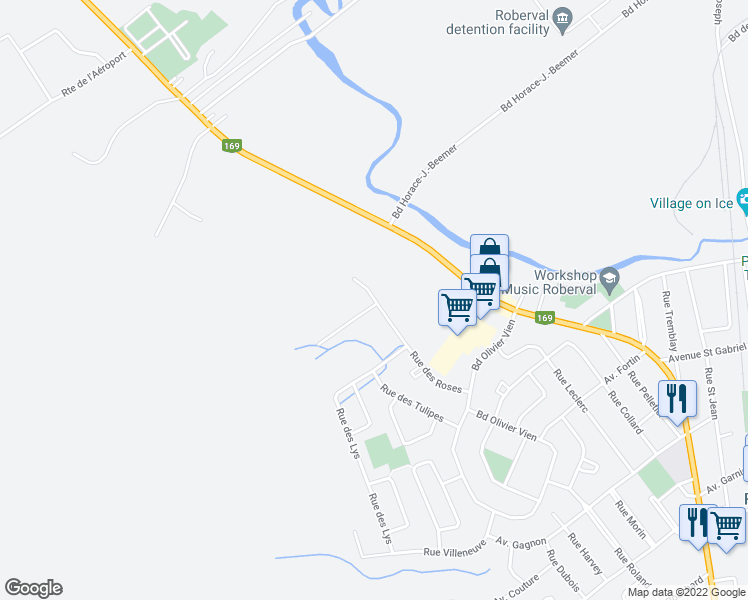 map of restaurants, bars, coffee shops, grocery stores, and more near 1745 Rue des Roses in Roberval