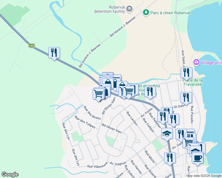map of restaurants, bars, coffee shops, grocery stores, and more near Boulevard Marcotte in Roberval