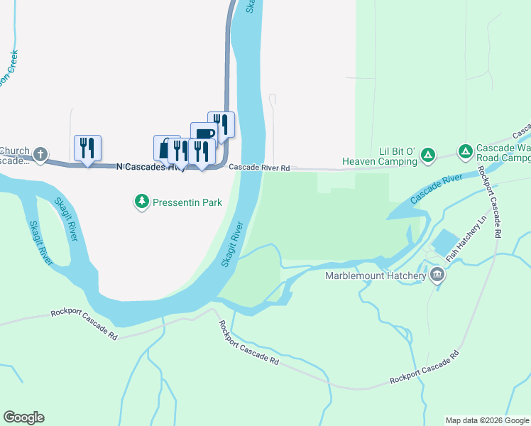 map of restaurants, bars, coffee shops, grocery stores, and more near 5882 Cascade River Road in Marblemount
