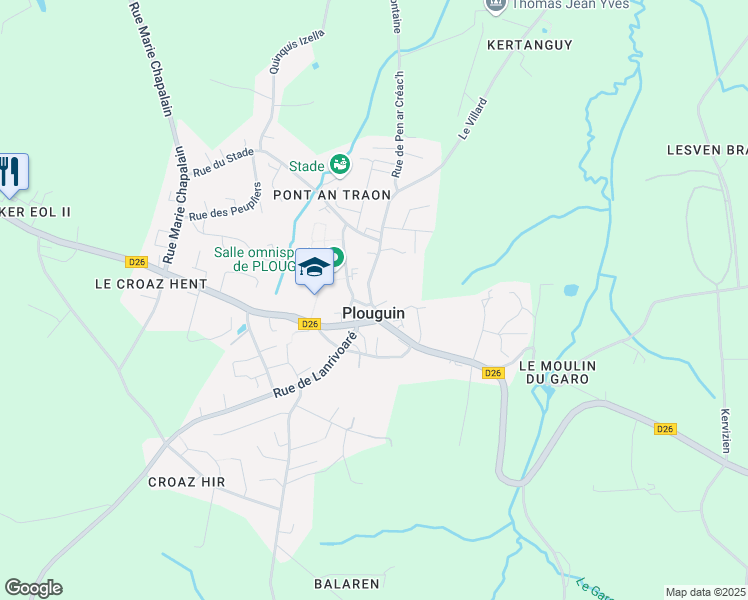 map of restaurants, bars, coffee shops, grocery stores, and more near 2 Place Eugène Forest in Plouguin