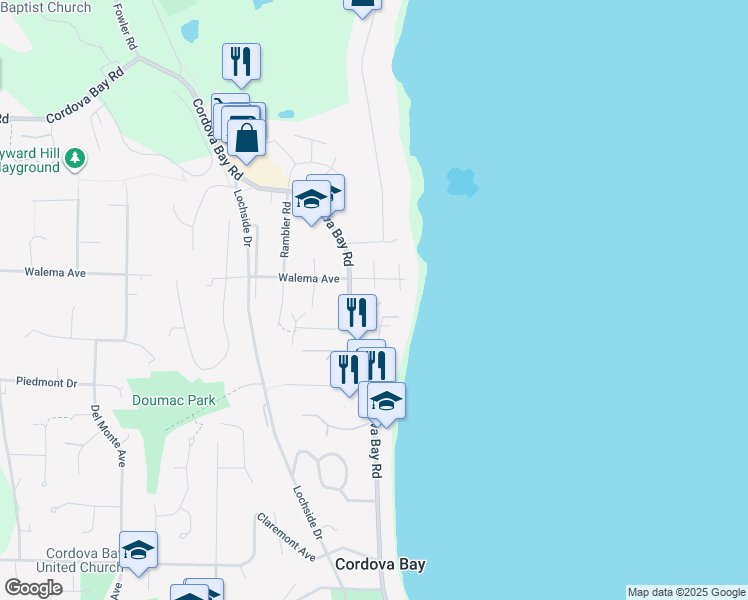 map of restaurants, bars, coffee shops, grocery stores, and more near 5187 Cordova Bay Road in Victoria
