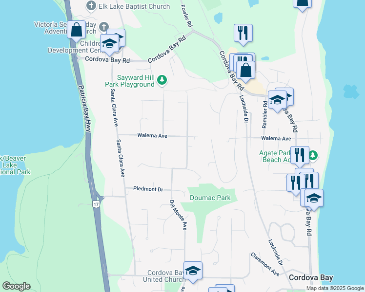 map of restaurants, bars, coffee shops, grocery stores, and more near 5190 Del Monte Avenue in Victoria