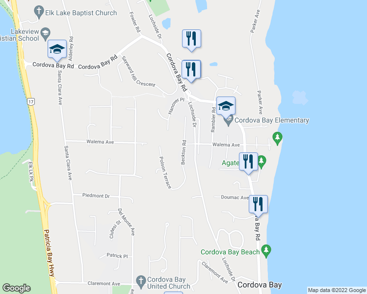 map of restaurants, bars, coffee shops, grocery stores, and more near 5210 Beckton Road in Victoria
