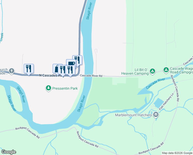 map of restaurants, bars, coffee shops, grocery stores, and more near 5882 Cascade River Road in Marblemount