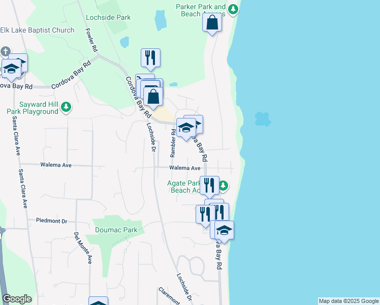map of restaurants, bars, coffee shops, grocery stores, and more near 5238 Cordova Bay Road in Victoria