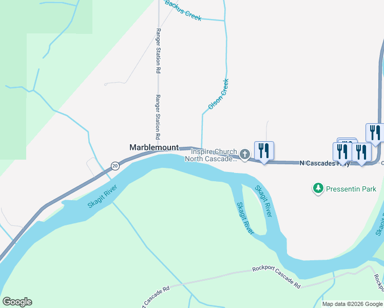 map of restaurants, bars, coffee shops, grocery stores, and more near 59665 State Route 20 in Marblemount
