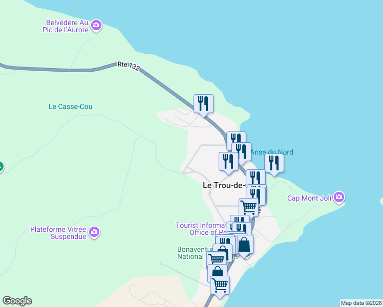 map of restaurants, bars, coffee shops, grocery stores, and more near 32 Rue du Cap Barré in Percé