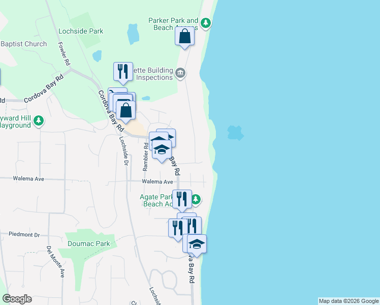 map of restaurants, bars, coffee shops, grocery stores, and more near 5260 Parker Avenue in Victoria