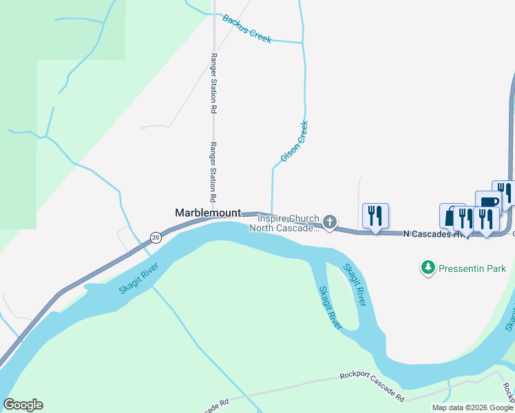 map of restaurants, bars, coffee shops, grocery stores, and more near 59665 State Route 20 in Marblemount