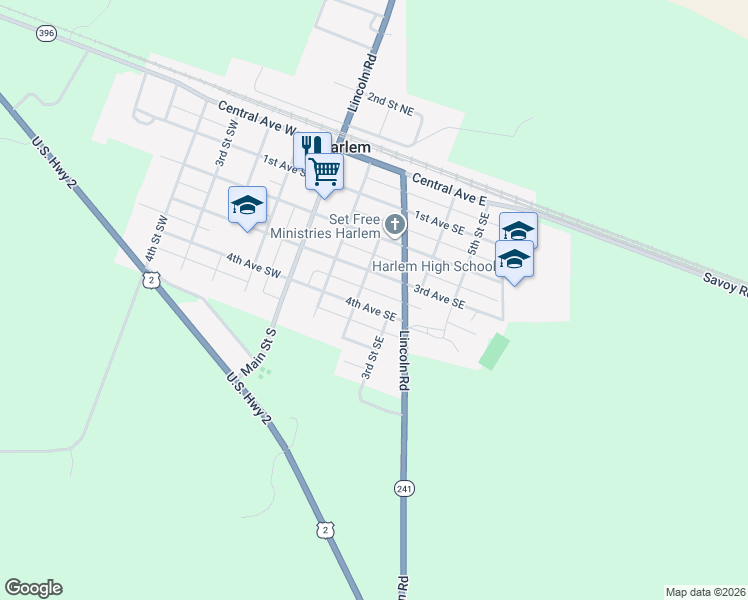 map of restaurants, bars, coffee shops, grocery stores, and more near 2nd Street Southeast in Harlem