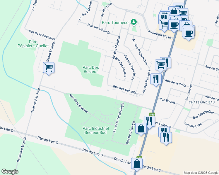 map of restaurants, bars, coffee shops, grocery stores, and more near 2132 Rue des Camélias in Alma