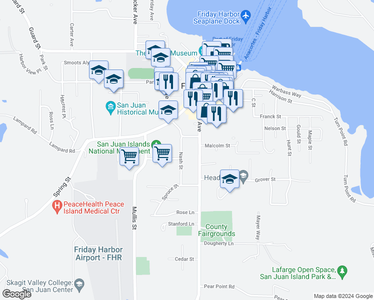 map of restaurants, bars, coffee shops, grocery stores, and more near 640 Nash Street in Friday Harbor