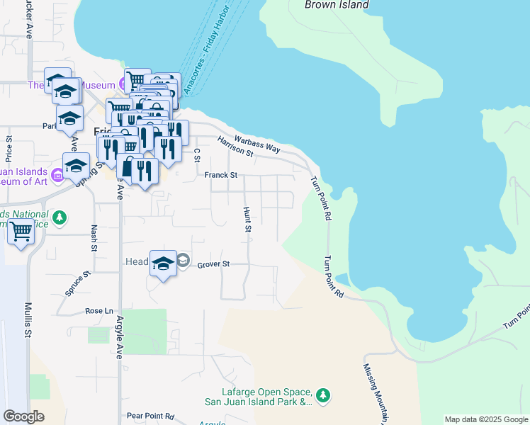 map of restaurants, bars, coffee shops, grocery stores, and more near 590 Gould Street in Friday Harbor