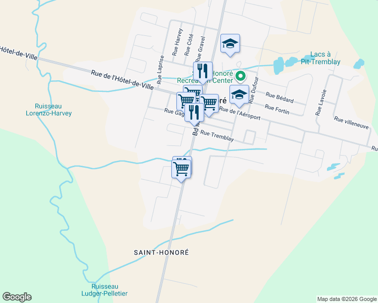 map of restaurants, bars, coffee shops, grocery stores, and more near 3375 Boulevard Martel in Saint-Honoré