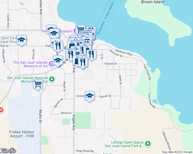map of restaurants, bars, coffee shops, grocery stores, and more near 15 Malcolm Street in Friday Harbor