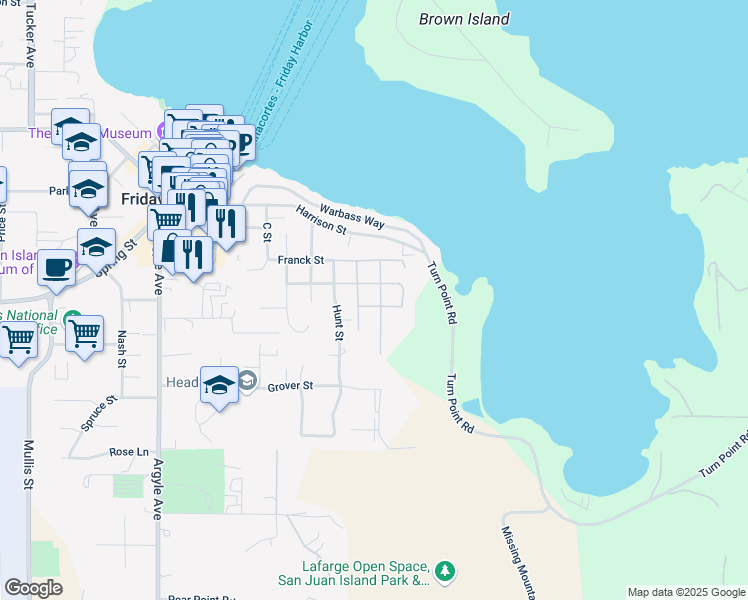 map of restaurants, bars, coffee shops, grocery stores, and more near 590 Gould Street in Friday Harbor