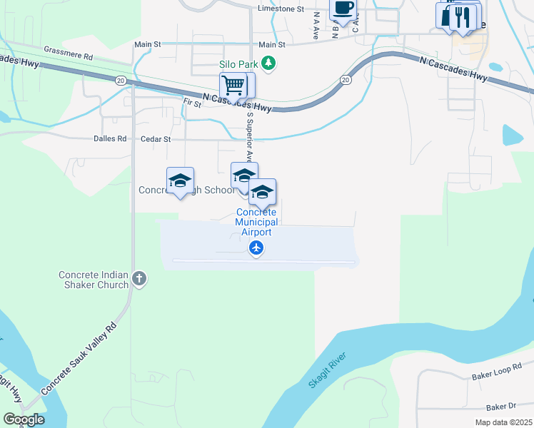 map of restaurants, bars, coffee shops, grocery stores, and more near 45389 Airport Way in Concrete