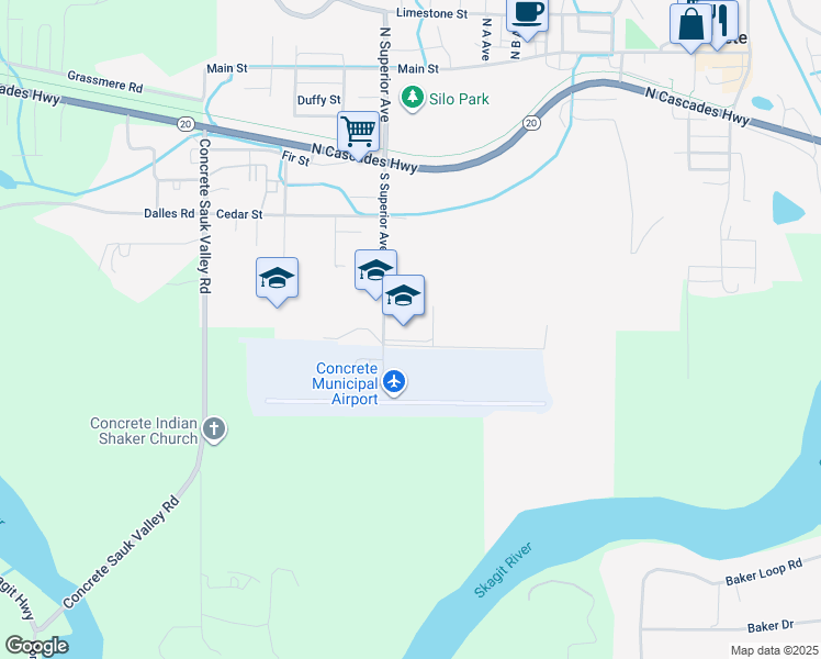 map of restaurants, bars, coffee shops, grocery stores, and more near 45389 Airport Way in Concrete