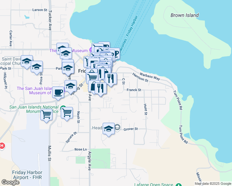 map of restaurants, bars, coffee shops, grocery stores, and more near 425 C Street in Friday Harbor