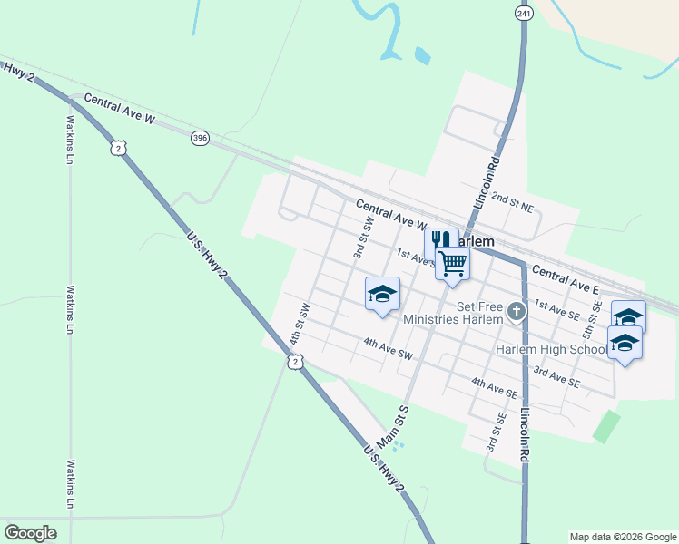 map of restaurants, bars, coffee shops, grocery stores, and more near 312 2nd Avenue Southwest in Harlem