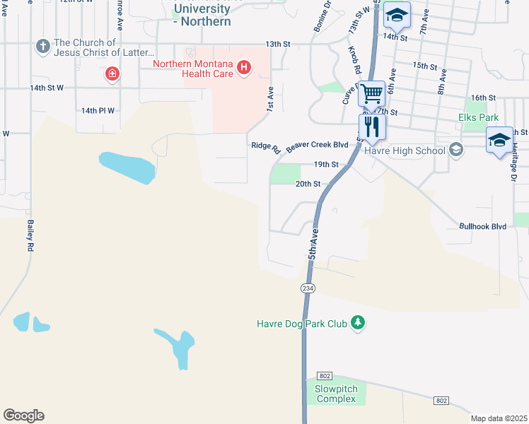 map of restaurants, bars, coffee shops, grocery stores, and more near 61 Beaver Creek Boulevard in Havre