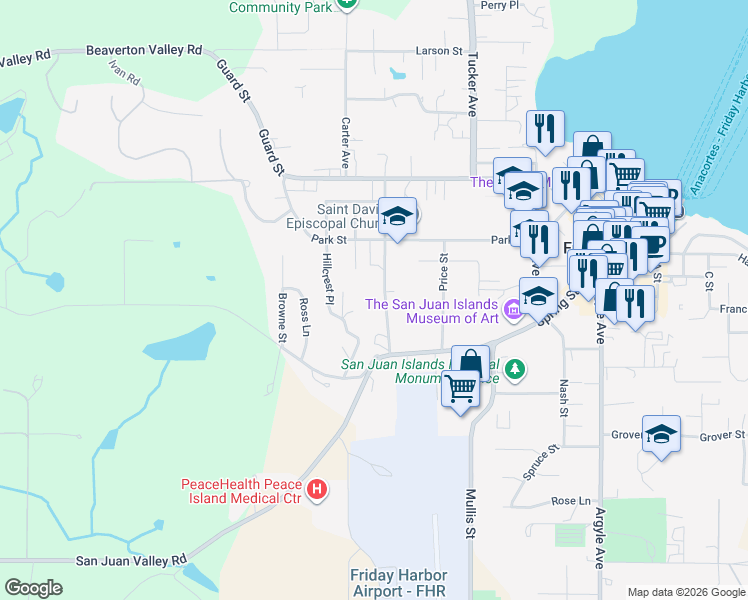 map of restaurants, bars, coffee shops, grocery stores, and more near 385 Marguerite Place in Friday Harbor