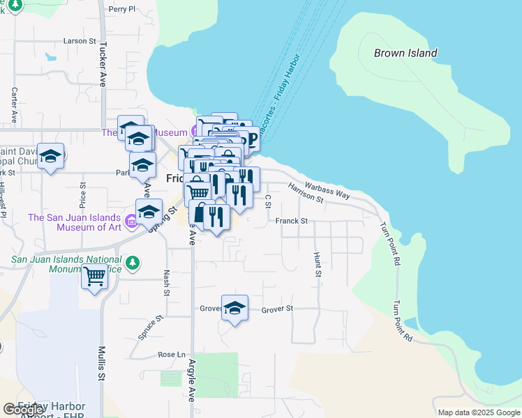 map of restaurants, bars, coffee shops, grocery stores, and more near 425 C Street in Friday Harbor